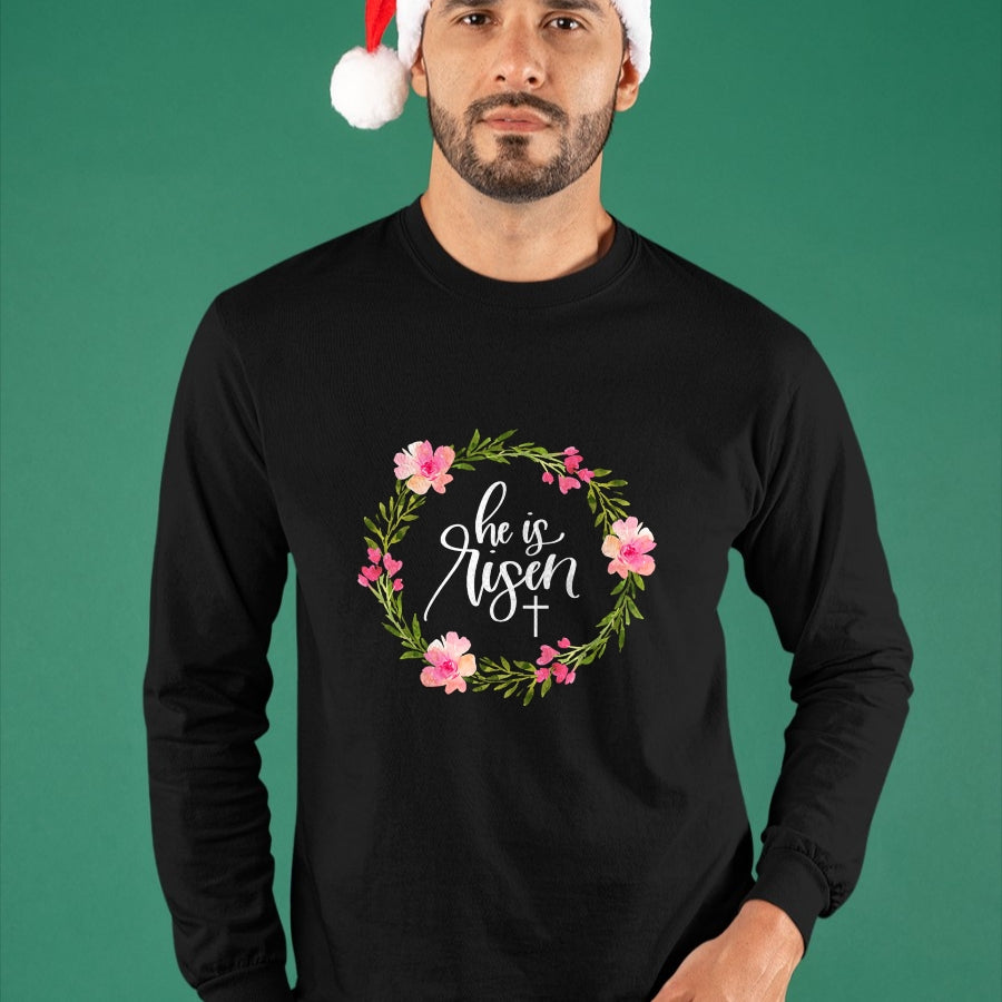 Christian Tee, Christian Faith Unisex T-Shirt/Hoodie/Sweatshirt HLT00 - He is Risen Jesus Christian Happy Easter Floral Wreath Shirt T-Shirt