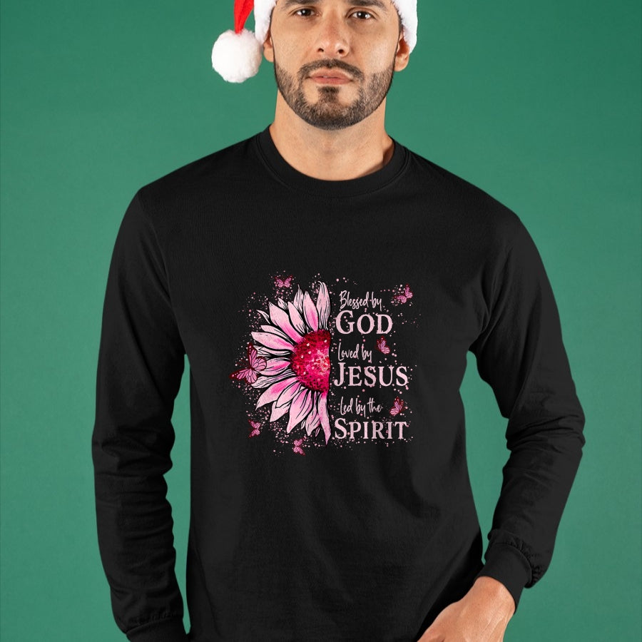 Christian Tee, Christian Faith Unisex T-Shirt/Hoodie/Sweatshirt HLT00 -  Blessed By God - Loved By Jesus Pink Sunflower T-Shirt
