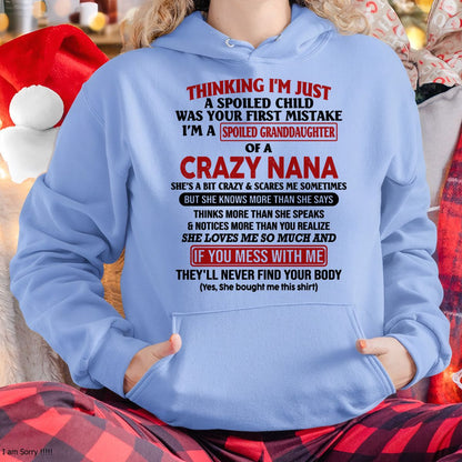 SPOILED GRANDDAUGHTER OF A CRAZY NANA T-SHIRT - From grandma to granddaughter - virgo00 (SKU07-129-00)