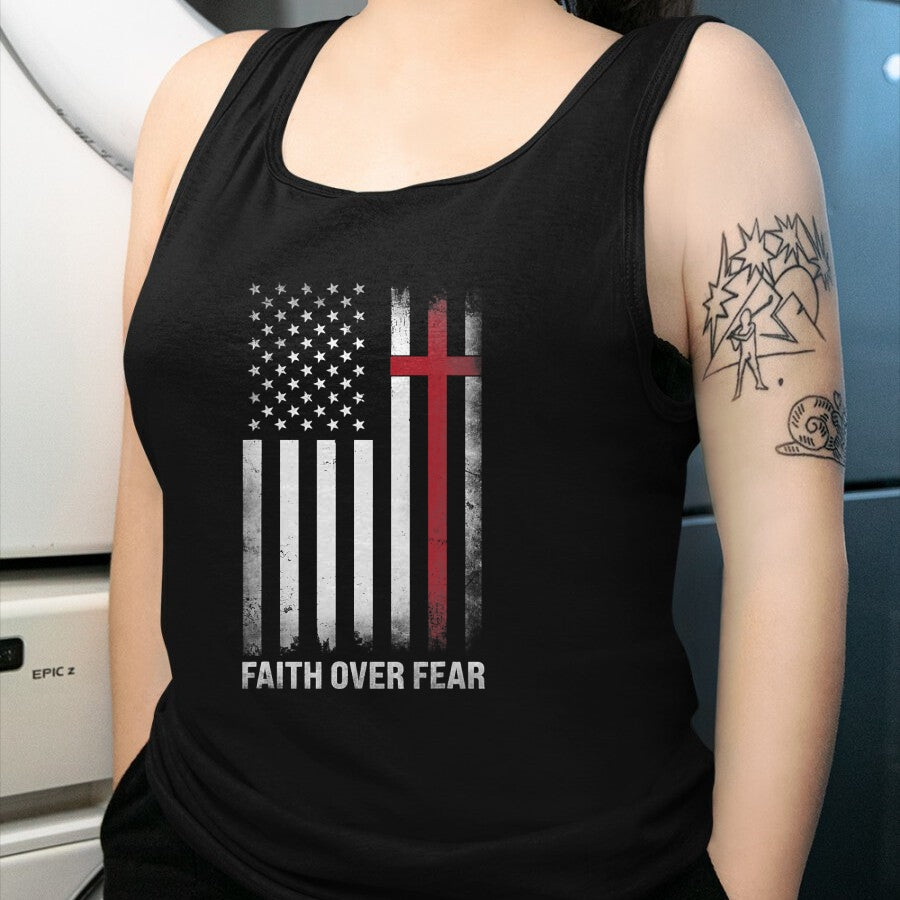 Christian Tee, Christian Faith Unisex T-Shirt/Hoodie/Sweatshirt HLT00 - Christian US USA Flag American Christ Faith Over Fear Cross T-Shirt (1)