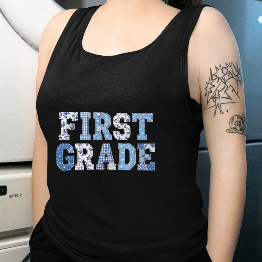 Best Student Shirt, Funny Back To School UnisexT-Shirt/Hoodie/Sweatshirt HLT00 - 1st First Grade Teacher Blue Patchwork Back to School Girls T-Shirt