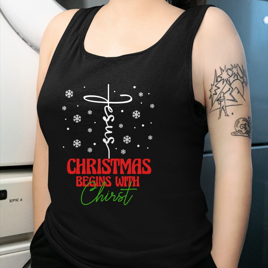 Christian Tee, Christian Faith Unisex T-Shirt/Hoodie/Sweatshirt HLT00 - Christmas Begins With Christ Cross Christian Religious Xmas T-Shirt