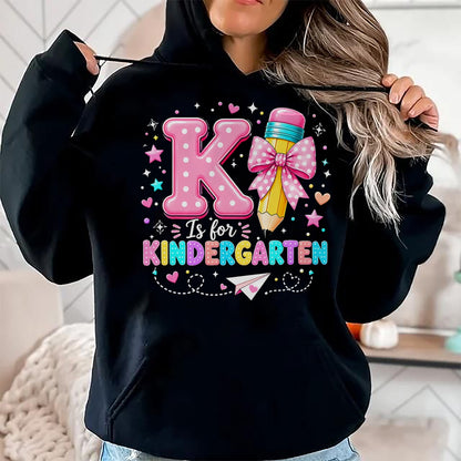 Best Student Shirt, Funny Back To School UnisexT-Shirt/Hoodie/Sweatshirt HLT00 - K is for Kindergarten Teacher Coquette Bow Back to School T-Shirt