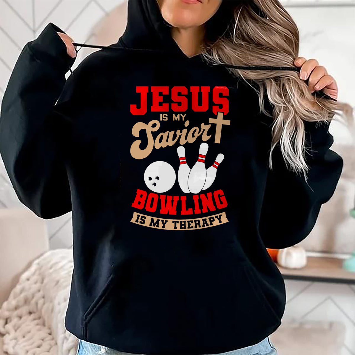 Christian Tee, Christian Faith Unisex T-Shirt/Hoodie/Sweatshirt HLT00 - Jesus Is My Savior Bowling Is My Therapy Christian Bowler T-Shirt