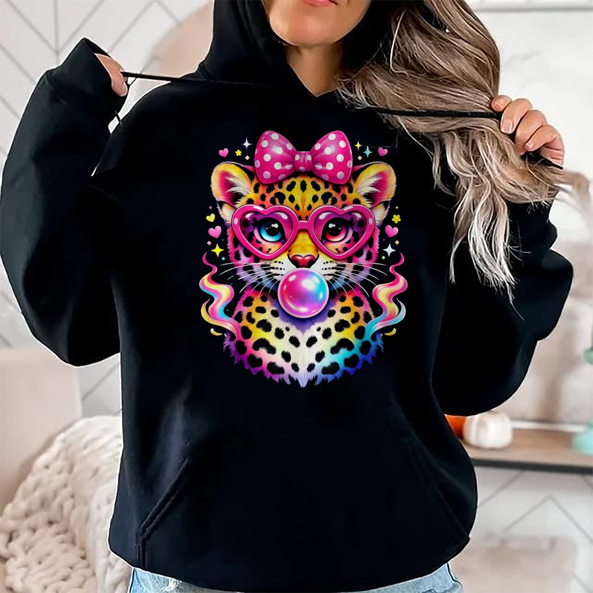 Best Student Shirt, Funny Back To School UnisexT-Shirt/Hoodie/Sweatshirt HLT00 - Funny Leopard Glasses Blowing Bubble Gum Back to School Kids T-Shirt, Women, Black, Medium