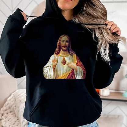 Christian Tee, Christian Faith Unisex T-Shirt/Hoodie/Sweatshirt HLT00 - Jesus Christ Sacred Heart Peace Sign Portrait T-Shirt