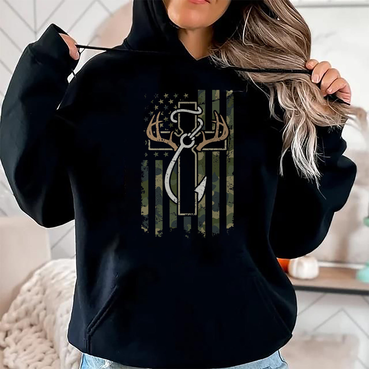 Christian Tee, Christian Faith Unisex T-Shirt/Hoodie/Sweatshirt HLT00 - Hunting Fishing Faith - Christian Hunter Fisherman Camo USA T-Shirt
