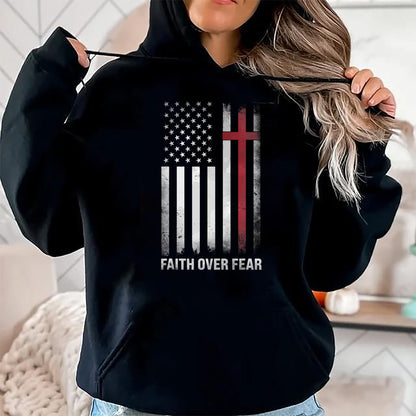 Christian Tee, Christian Faith Unisex T-Shirt/Hoodie/Sweatshirt HLT00 - Christian US USA Flag American Christ Faith Over Fear Cross T-Shirt (1)