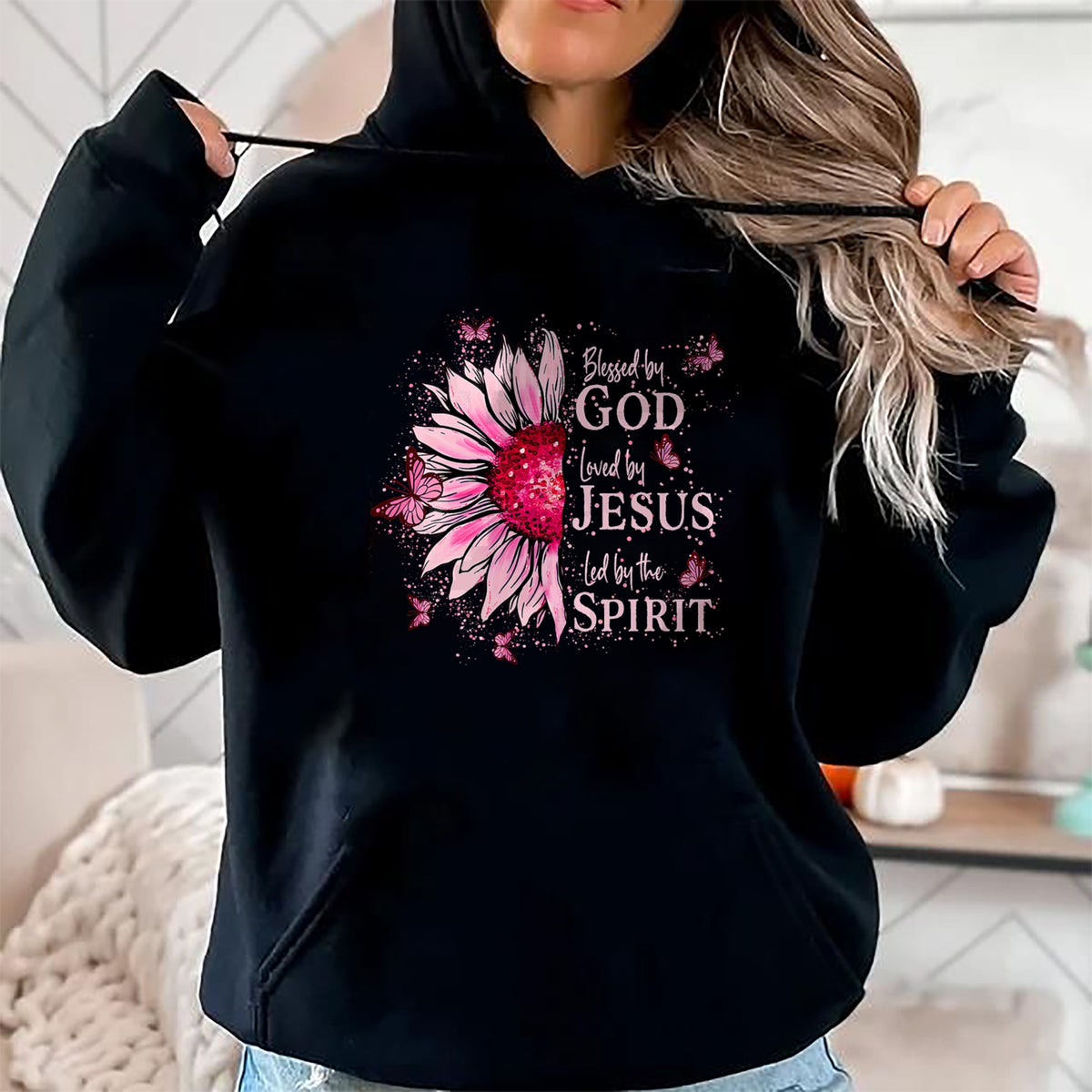 Christian Tee, Christian Faith Unisex T-Shirt/Hoodie/Sweatshirt HLT00 -  Blessed By God - Loved By Jesus Pink Sunflower T-Shirt