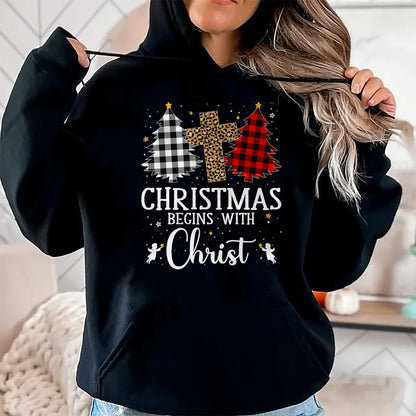 Christian Tee, Christian Faith Unisex T-Shirt/Hoodie/Sweatshirt HLT00 - Christmas Begins With Christ Jesus Cross Christian Christmas T-Shirt