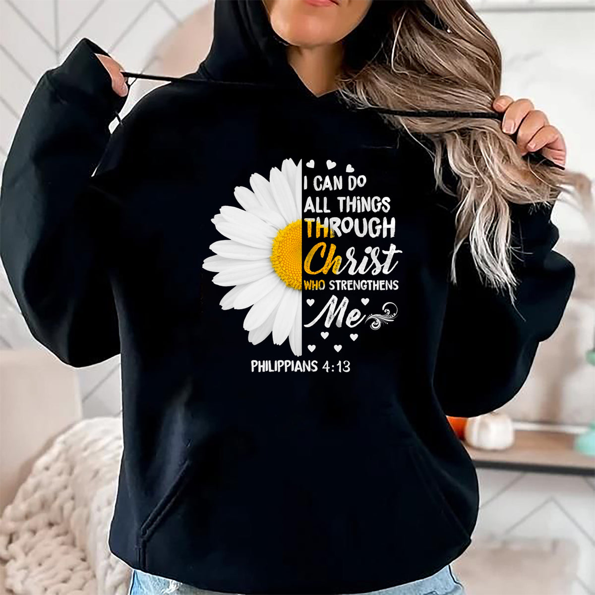 Christian Tee, Christian Faith Unisex T-Shirt/Hoodie/Sweatshirt HLT00 - I Can Do All Things Through Christ - Daisy Flower Religious T-Shirt (2)