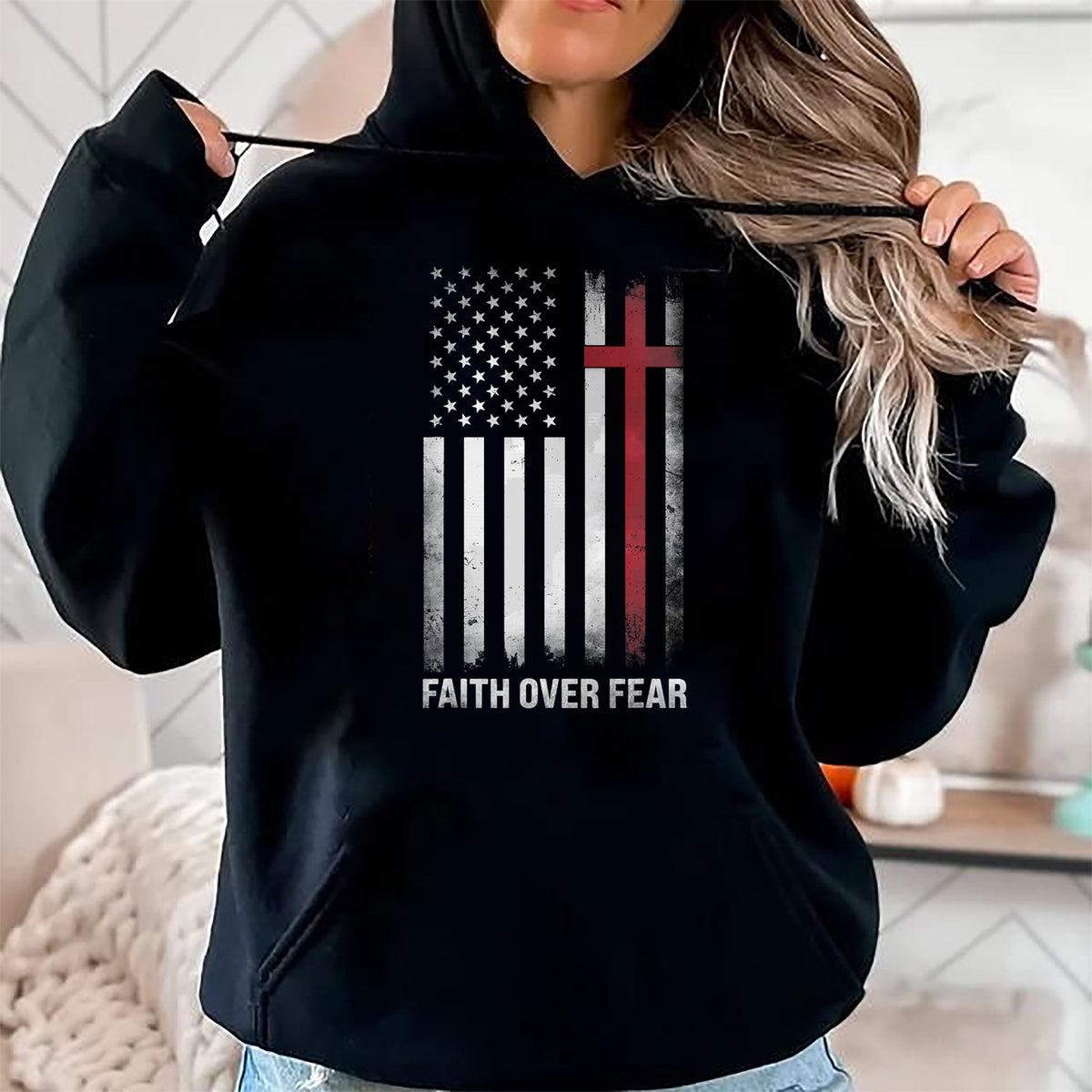 Christian Tee, Christian Faith Unisex T-Shirt/Hoodie/Sweatshirt HLT00 - Christian US USA Flag American Christ Faith Over Fear Cross T-Shirt (1)