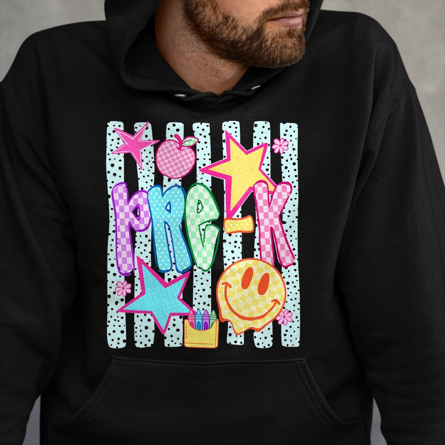 Best Student Shirt, Funny Back To School UnisexT-Shirt/Hoodie/Sweatshirt HLT00 - Back to School Colorful Pre K Checkered Girl Teacher T-Shirt