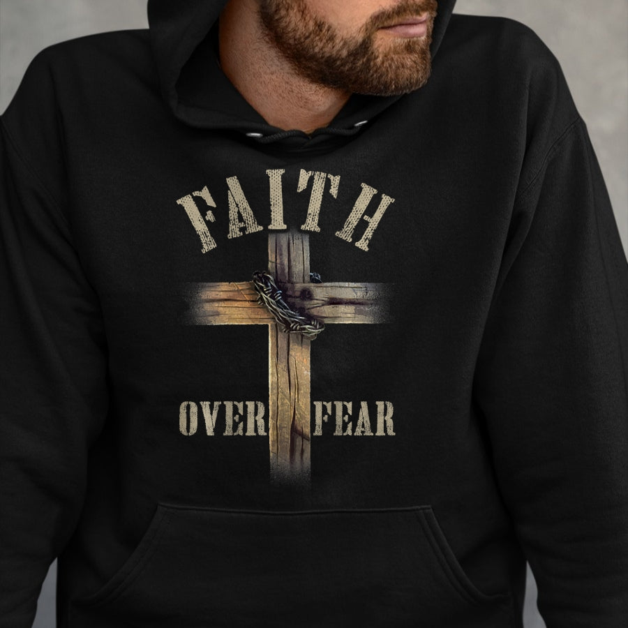 Christian Tee, Christian Faith Unisex T-Shirt/Hoodie/Sweatshirt HLT00 - Faith Over Fear American Christian Cross God Jesus (on back) T-Shirt (1)