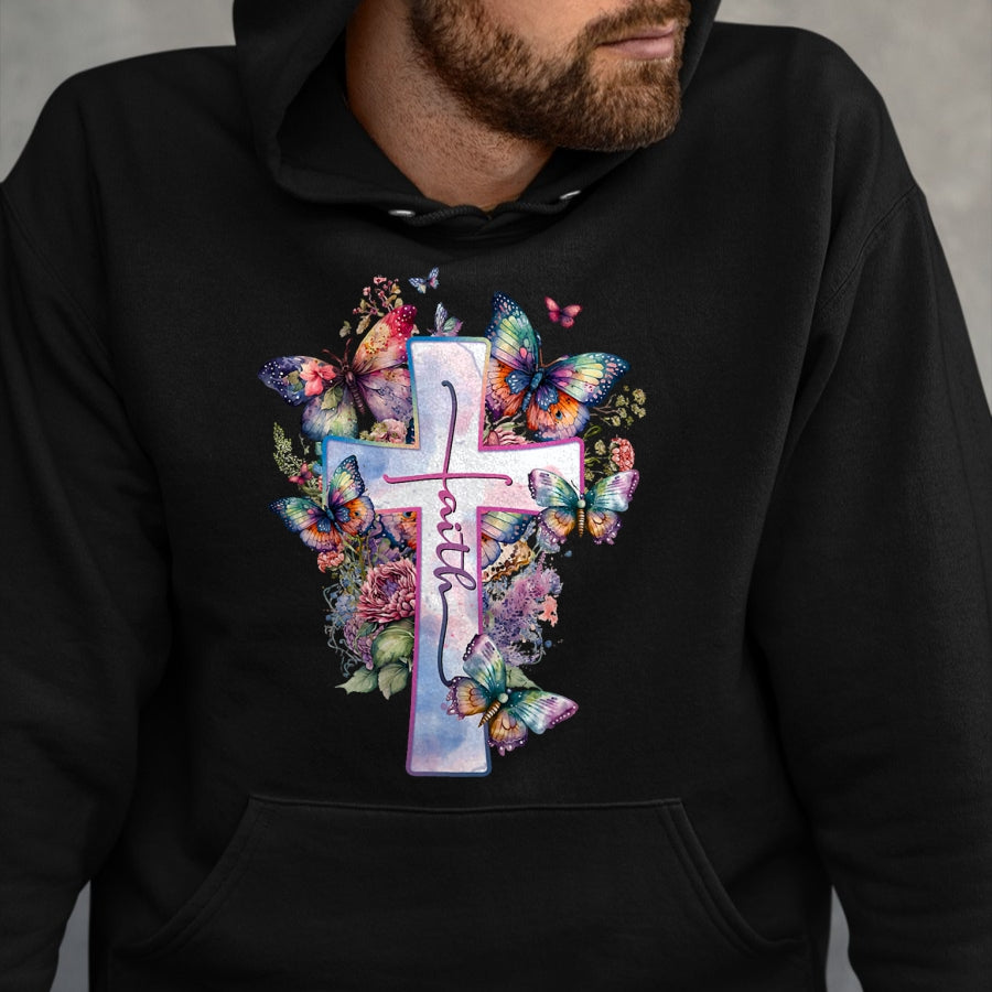 Christian Tee, Christian Faith Unisex T-Shirt/Hoodie/Sweatshirt HLT00 - Faith-Cross Floral Butterflies Christ Flowers Religious T-Shirt