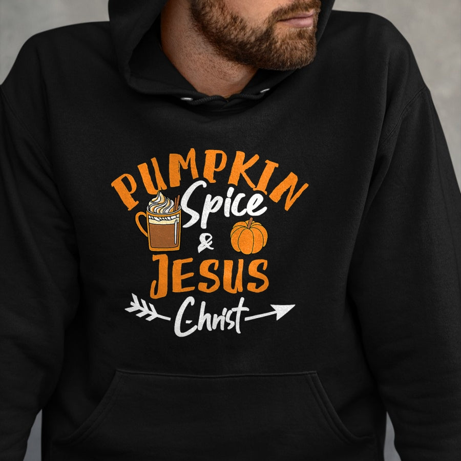 Christian Tee, Christian Faith Unisex T-Shirt/Hoodie/Sweatshirt HLT00 - Halloween Christian Pumpkin Spice And Jesus Christ Fall Leaf T-Shirt