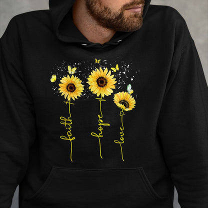 Christian Tee, Christian Faith Unisex T-Shirt/Hoodie/Sweatshirt HLT00 - Christian for Women Sunflower Faith Hope Love T-Shirt