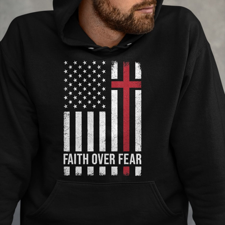 Christian Tee, Christian Faith Unisex T-Shirt/Hoodie/Sweatshirt HLT00 - Christian US USA Flag American Christ Faith Over Fear Cross T-Shirt