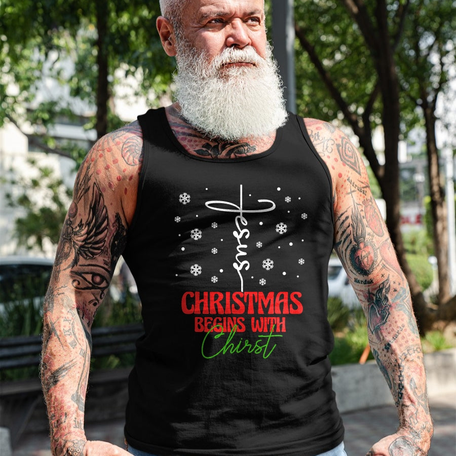 Christian Tee, Christian Faith Unisex T-Shirt/Hoodie/Sweatshirt HLT00 - Christmas Begins With Christ Cross Christian Religious Xmas T-Shirt