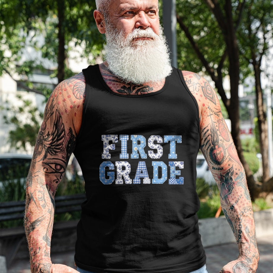 Best Student Shirt, Funny Back To School UnisexT-Shirt/Hoodie/Sweatshirt HLT00 - 1st First Grade Teacher Blue Patchwork Back to School Girls T-Shirt