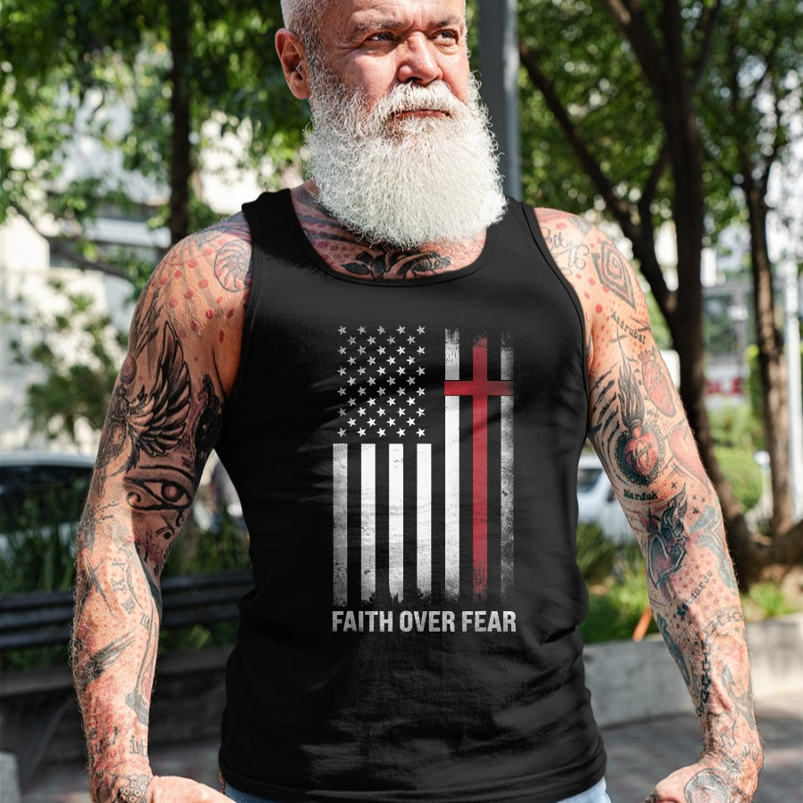 Christian Tee, Christian Faith Unisex T-Shirt/Hoodie/Sweatshirt HLT00 - Christian US USA Flag American Christ Faith Over Fear Cross T-Shirt (1)
