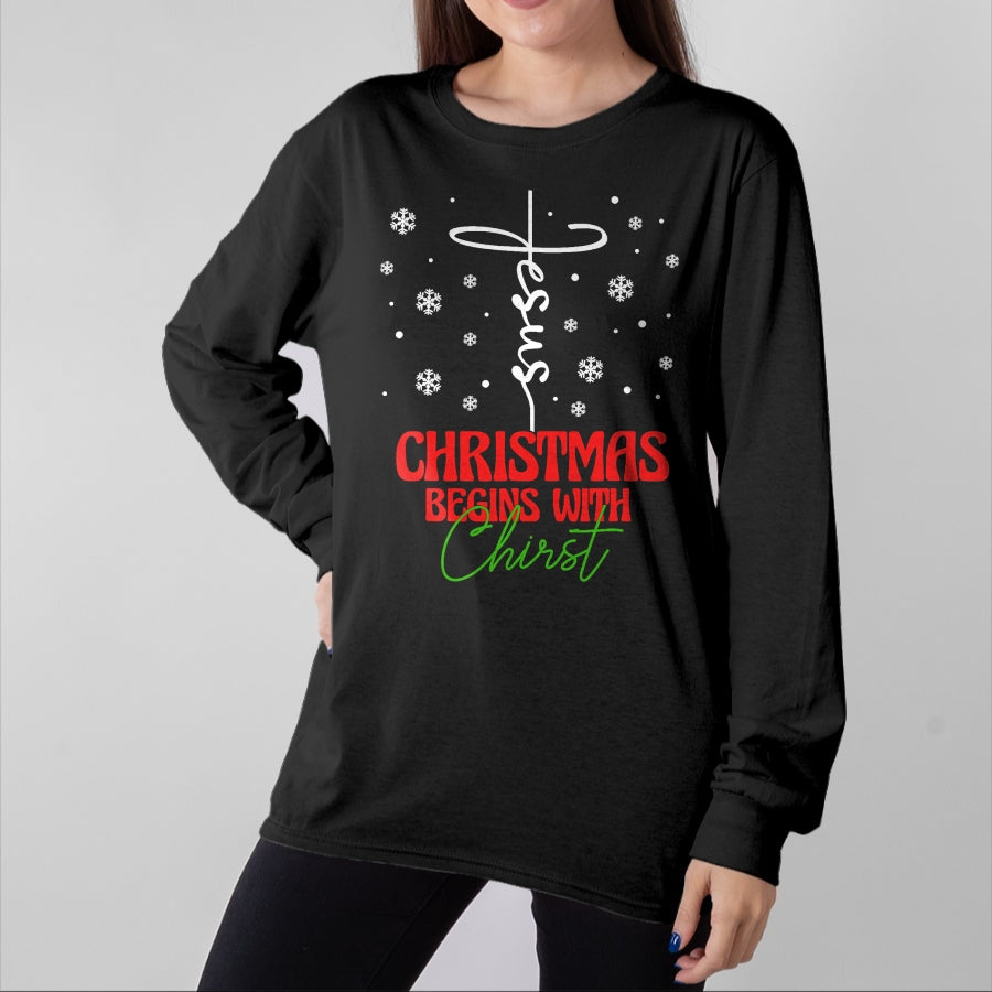 Christian Tee, Christian Faith Unisex T-Shirt/Hoodie/Sweatshirt HLT00 - Christmas Begins With Christ Cross Christian Religious Xmas T-Shirt