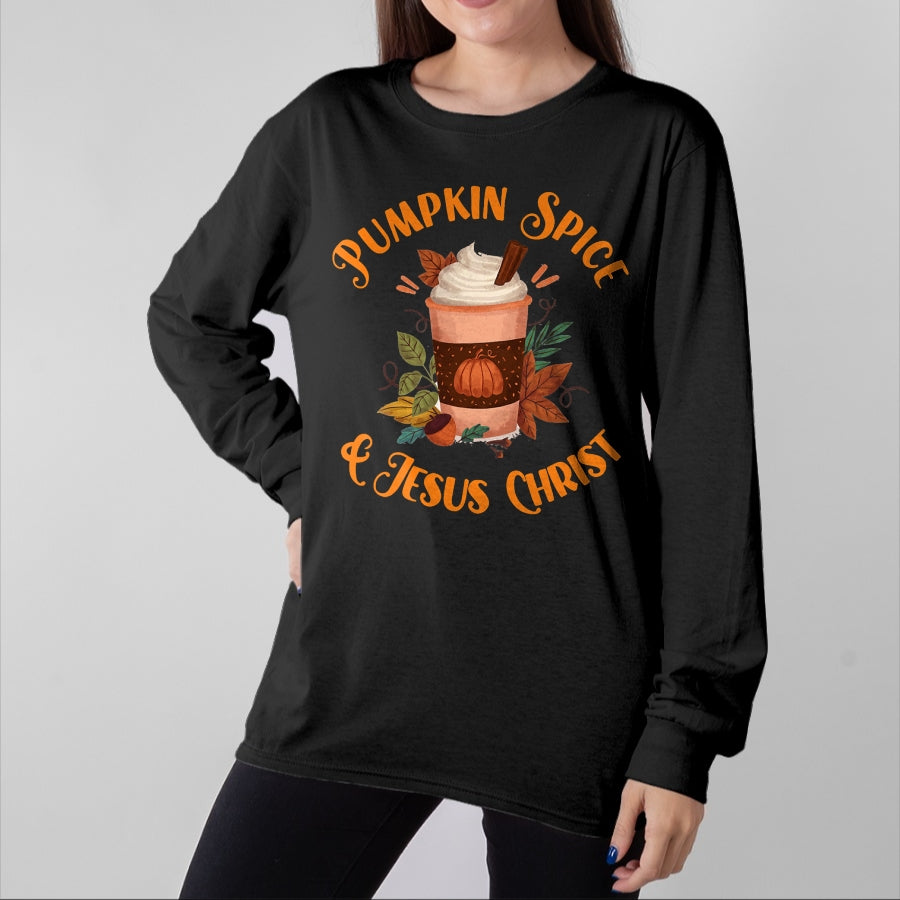 Christian Tee, Christian Faith Unisex T-Shirt/Hoodie/Sweatshirt HLT00 - Fall Season Cute Pumpkin Spice And Jesus Christ Thanksgiving T-Shirt