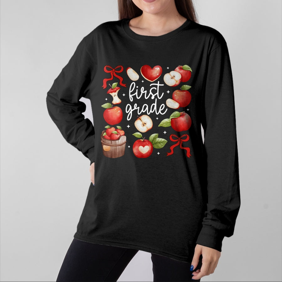 Best Student Shirt, Funny Back To School UnisexT-Shirt/Hoodie/Sweatshirt HLT00 - First Grade Teacher Apple Coquette Bow Fruit Back to School T-Shirt