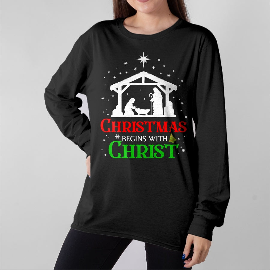Christian Tee, Christian Faith Unisex T-Shirt/Hoodie/Sweatshirt HLT00 - Christmas Begins With Christ Christian Religious Jesus Xmas T-Shirt