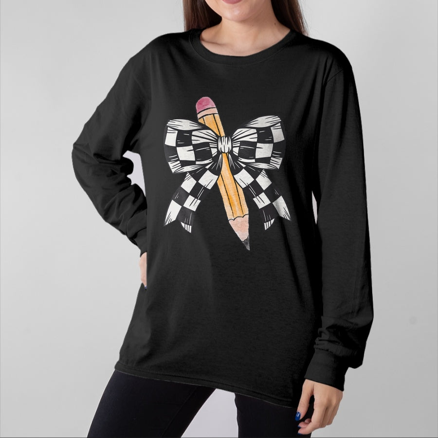Best Student Shirt, Funny Back To School UnisexT-Shirt/Hoodie/Sweatshirt HLT00 - Back to School Day Checkerboard Coquette Bow Pencil Motivate T-Shirt