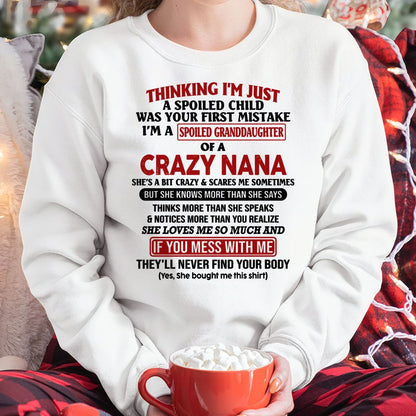 SPOILED GRANDDAUGHTER OF A CRAZY NANA T-SHIRT - From grandma to granddaughter - virgo00 (SKU07-129-00)