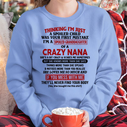 SPOILED GRANDDAUGHTER OF A CRAZY NANA T-SHIRT - From grandma to granddaughter - virgo00 (SKU07-129-00)