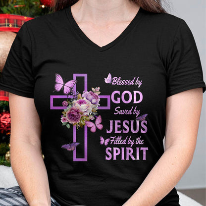 Blessed by God Saved by Jesus Purple Floral Cross Christian T-Shirt- For Women - Virgo00 (SKU2807-NI-08)