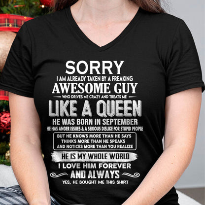 SEPTEMBER SHIRT Sorry, I’m Already Taken By A Freaking Awesome Guy - From Husband - To Wife - Virgo09 (SKU2602-41-09)