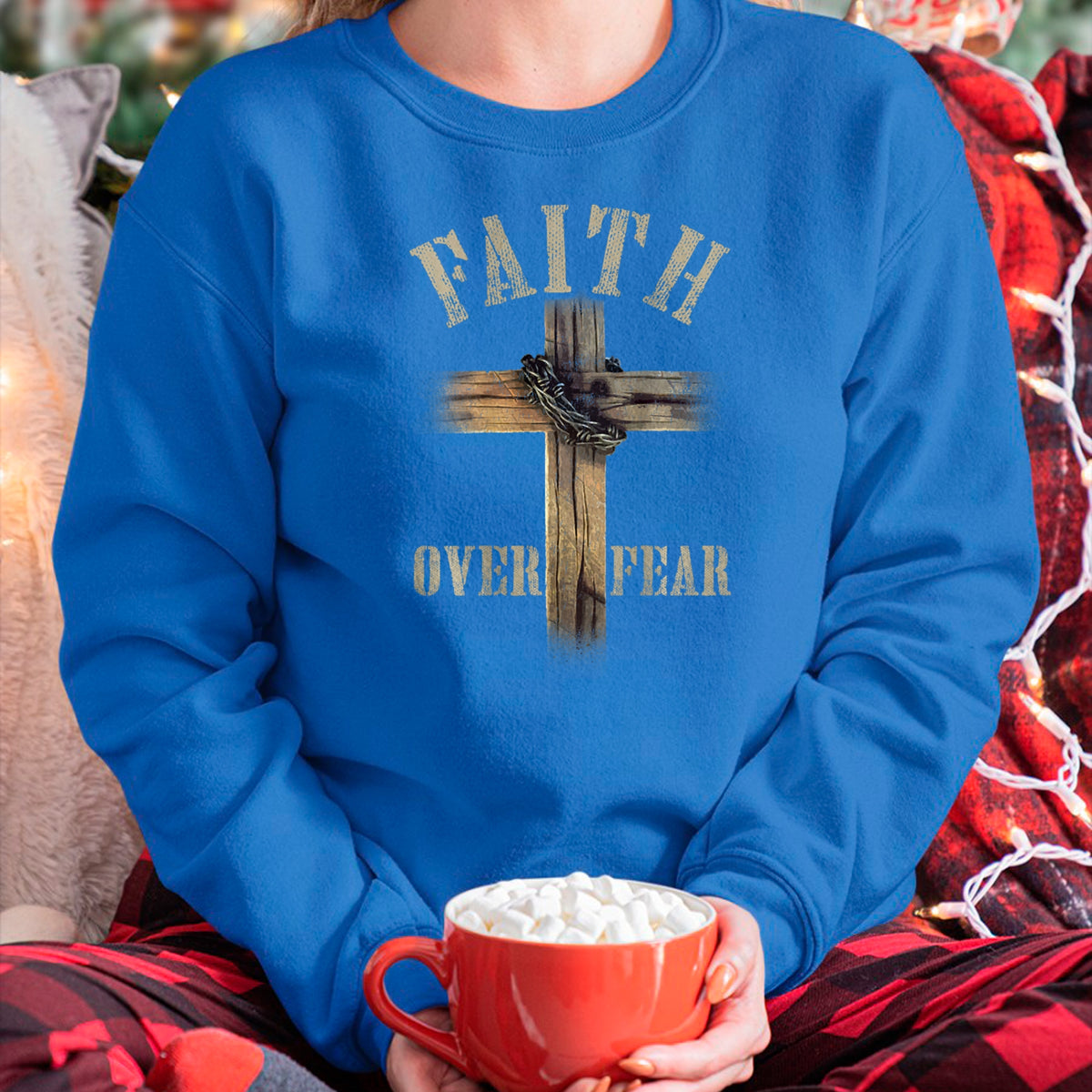 Christian Tee, Christian Faith Unisex T-Shirt/Hoodie/Sweatshirt HLT00 - Faith Over Fear American Christian Cross God Jesus (on back) T-Shirt (1)