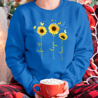 Christian Tee, Christian Faith Unisex T-Shirt/Hoodie/Sweatshirt HLT00 - Christian for Women Sunflower Faith Hope Love T-Shirt