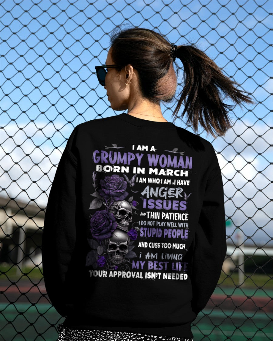 Grumpy Woman Born in March T-Shirt – Funny Skull & Rose Graphic Tee with Quotes - Virgo03 FMA (SKU10-08-03)