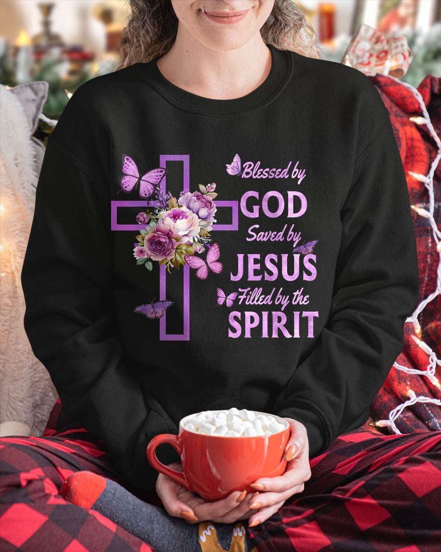 Blessed by God Saved by Jesus Purple Floral Cross Christian T-Shirt- For Women - Virgo00 (SKU2807-NI-08)