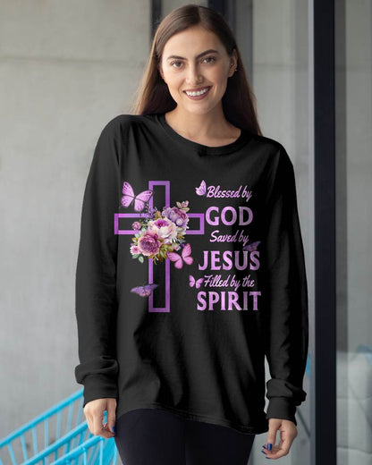 Blessed by God Saved by Jesus Purple Floral Cross Christian T-Shirt- For Women - Virgo00 (SKU2807-NI-08)
