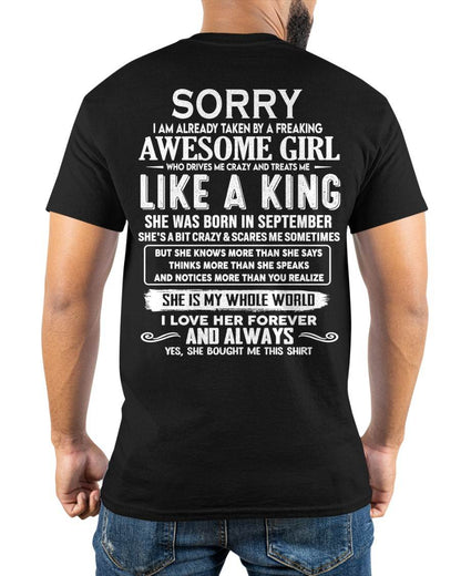 SEPTEMBER SHIRT Sorry, I Am Already Taken By A Freaking Awesome Girl - From Wife - To Husband - Virgo09 (SKU2602-40-09)