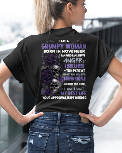 Grumpy Woman Born in November T-Shirt – Funny Skull & Rose Graphic Tee with Quotes - Virgo11 FMA (SKU10-08-11)