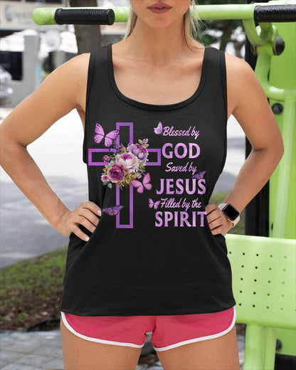 Blessed by God Saved by Jesus Purple Floral Cross Christian T-Shirt- For Women - Virgo00 (SKU2807-NI-08)