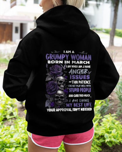 Grumpy Woman Born in March T-Shirt – Funny Skull & Rose Graphic Tee with Quotes - Virgo03 FMA (SKU10-08-03)