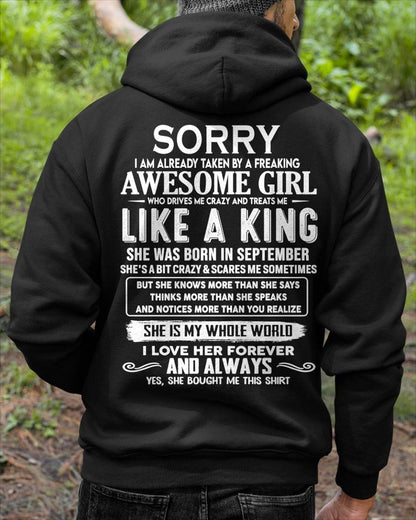 SEPTEMBER SHIRT Sorry, I Am Already Taken By A Freaking Awesome Girl - From Wife - To Husband - Virgo09 (SKU2602-40-09)