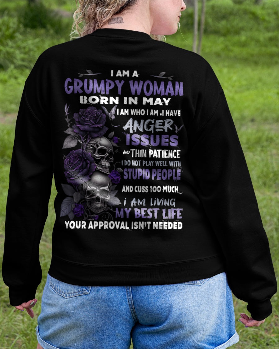 Grumpy Woman Born in May T-Shirt – Funny Skull & Rose Graphic Tee with Quotes - Virgo05 FMA (SKU10-08-05)