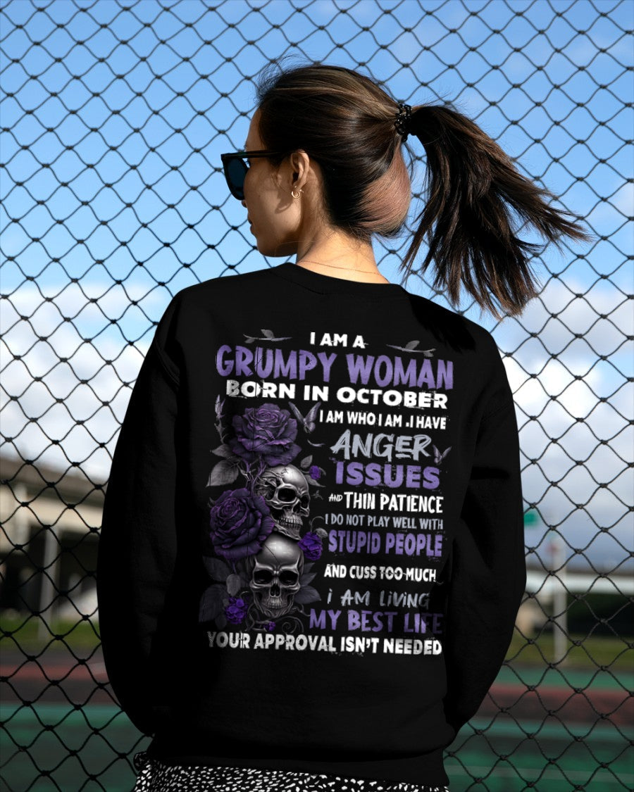 Grumpy Woman Born in October T-Shirt – Funny Skull & Rose Graphic Tee with Quotes - Virgo10 FMA (SKU10-08-10)
