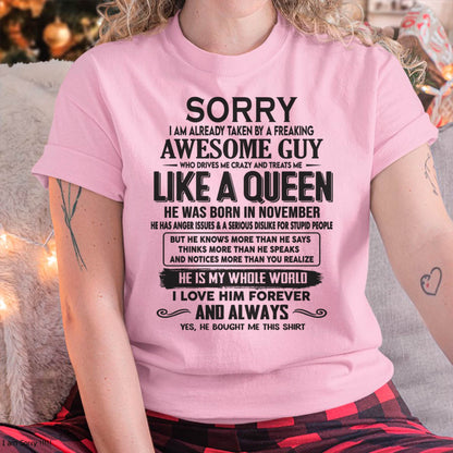 November - Sorry I am already taken by a freaking awesome guy - Gift for Wife From Husband - Virgo11 (SKU08-25-11)